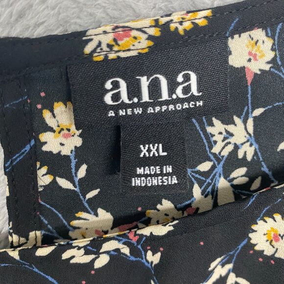 ana Top Womens 2XL Black Beige Floral Smocked Flowy Popover Lightweight Shirt - Picture 4 of 10